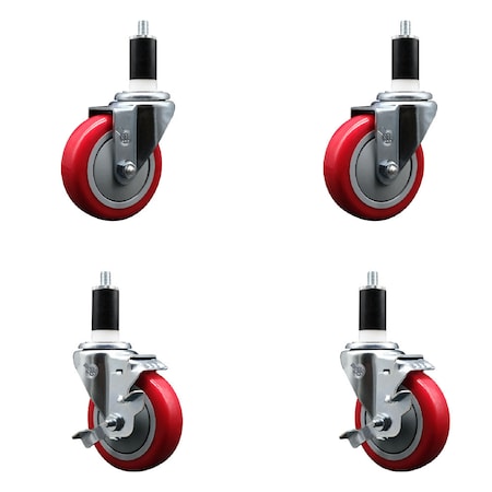 Service Caster 4'' SS Red Poly Wheel Swivel 1-3/8'' Expanding Stem Caster Set 2 Brakes, 4PK SCC-SSEX20S414-PPUB-RED-2-TLB-2-138